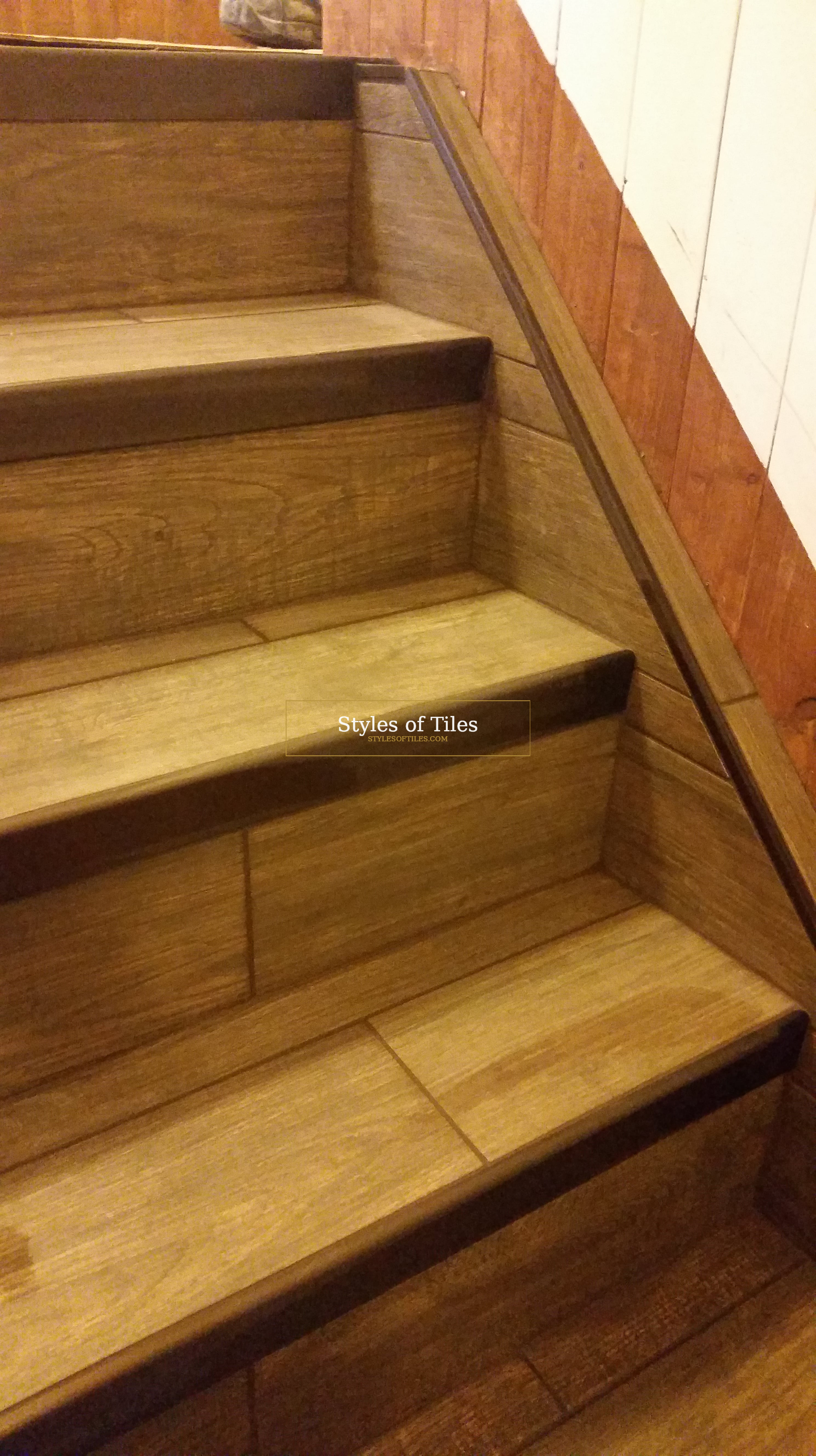 Stairs finished in wood-look tile treads and risers