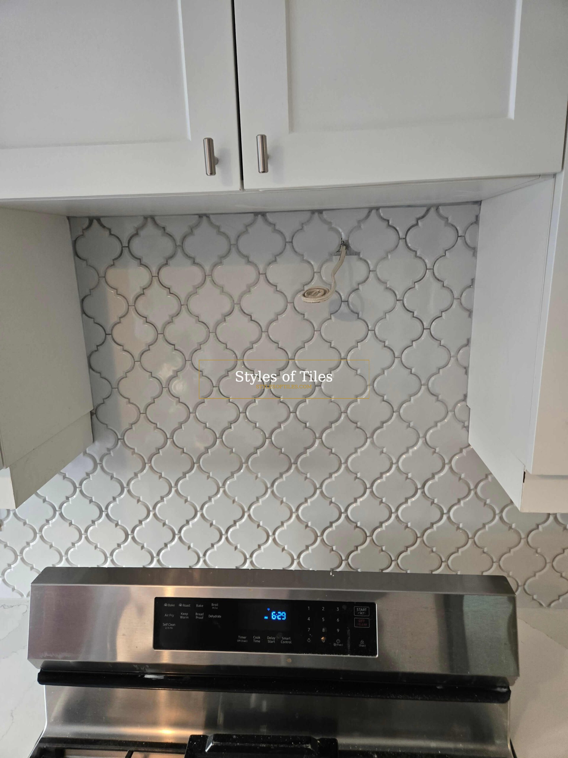 White lantern tile kitchen backsplash Brant County Ontario