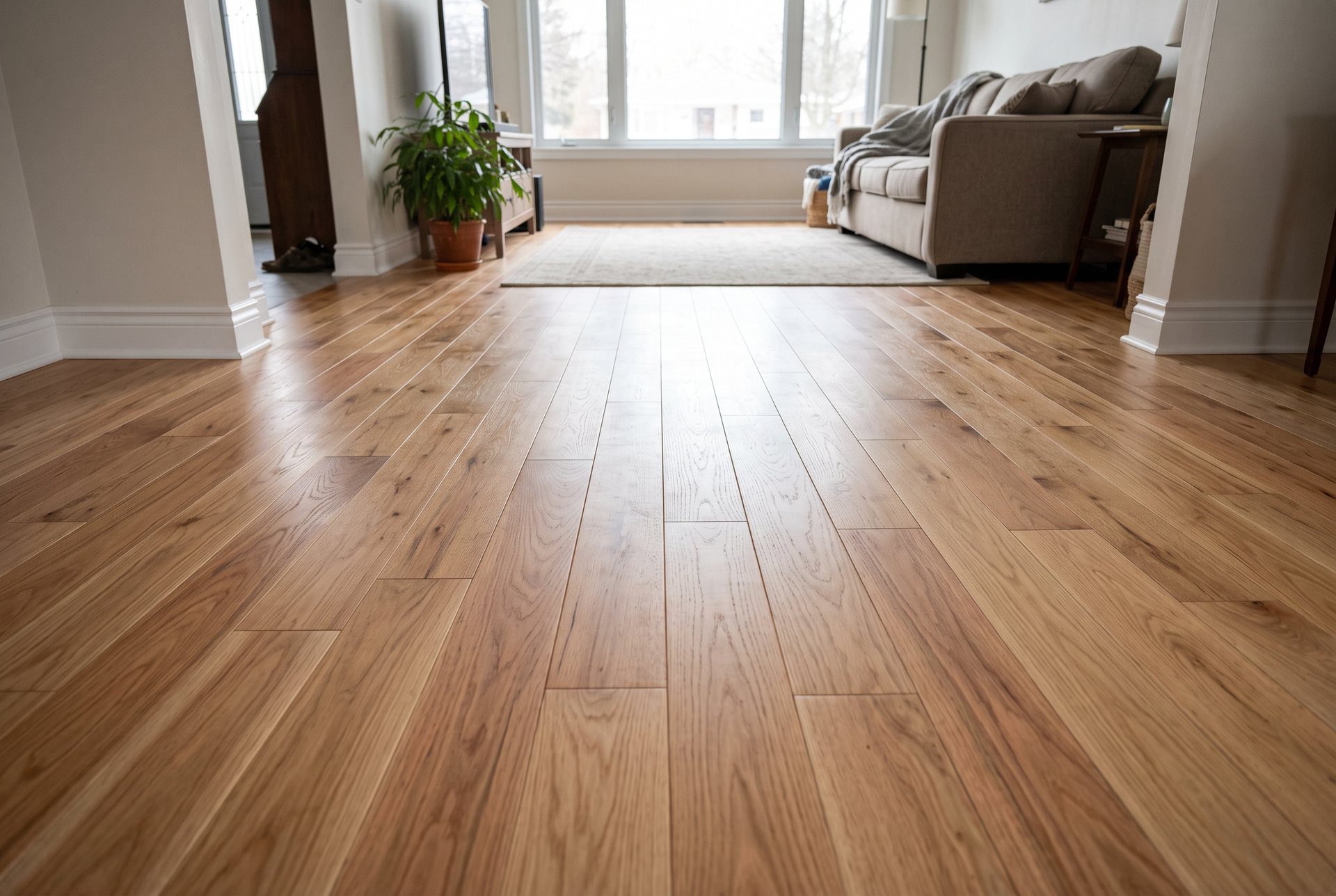 Oak hardwood strip flooring running through a living room toward the window, with white baseboards