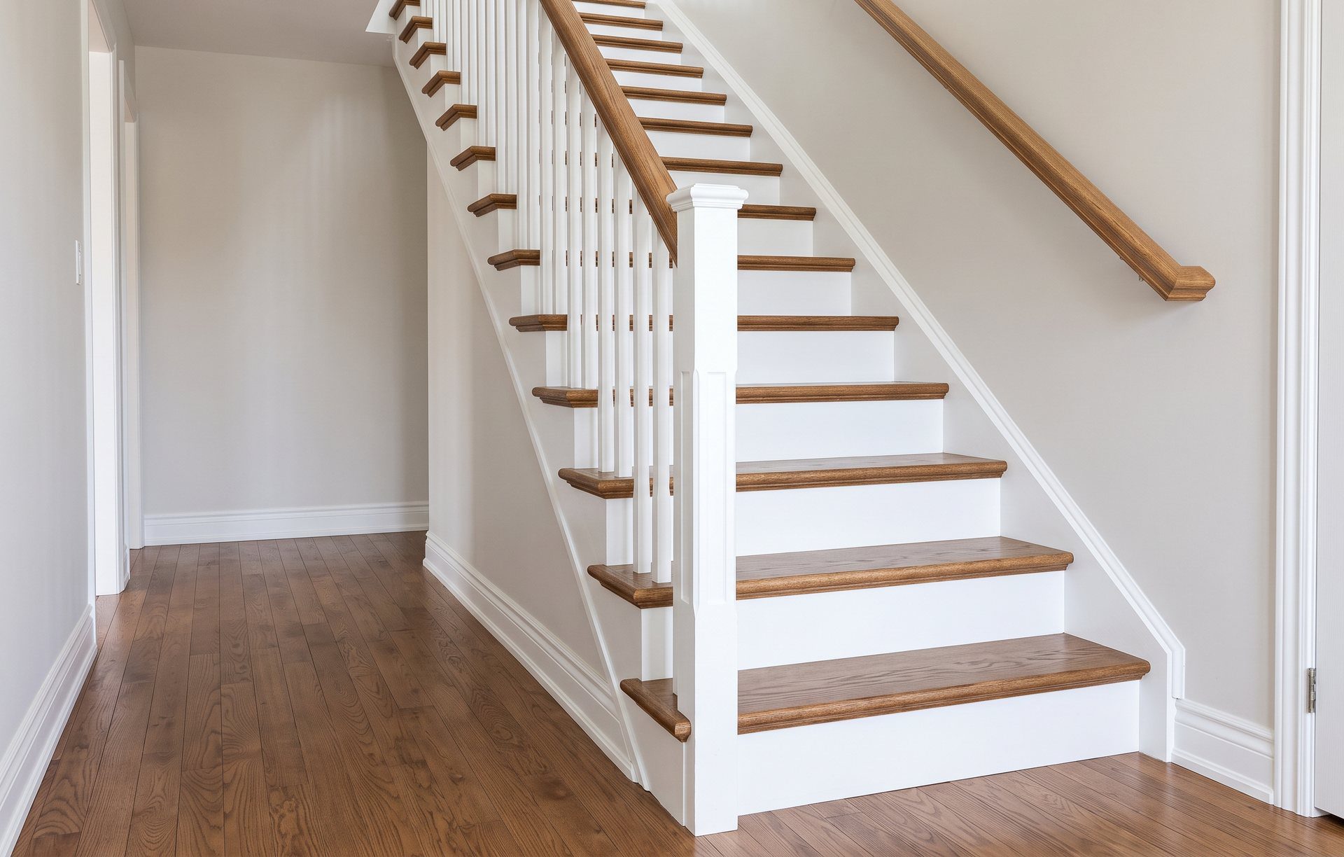 Staircase with oak hardwood treads and stair nosing, white risers, and a matching hardwood floor in the hall