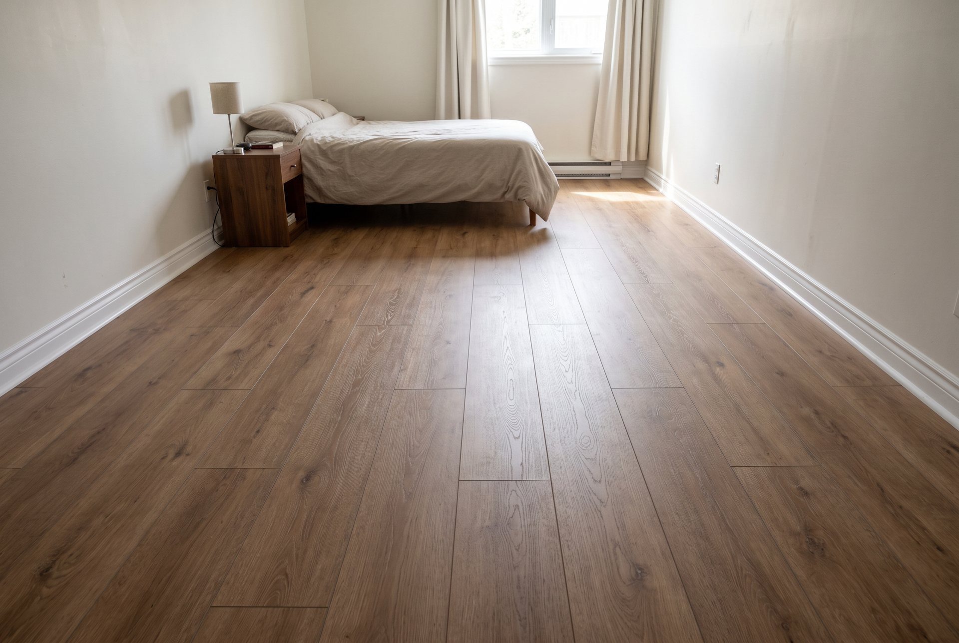 Oak-look laminate flooring in a bedroom, running toward the window, with white baseboards