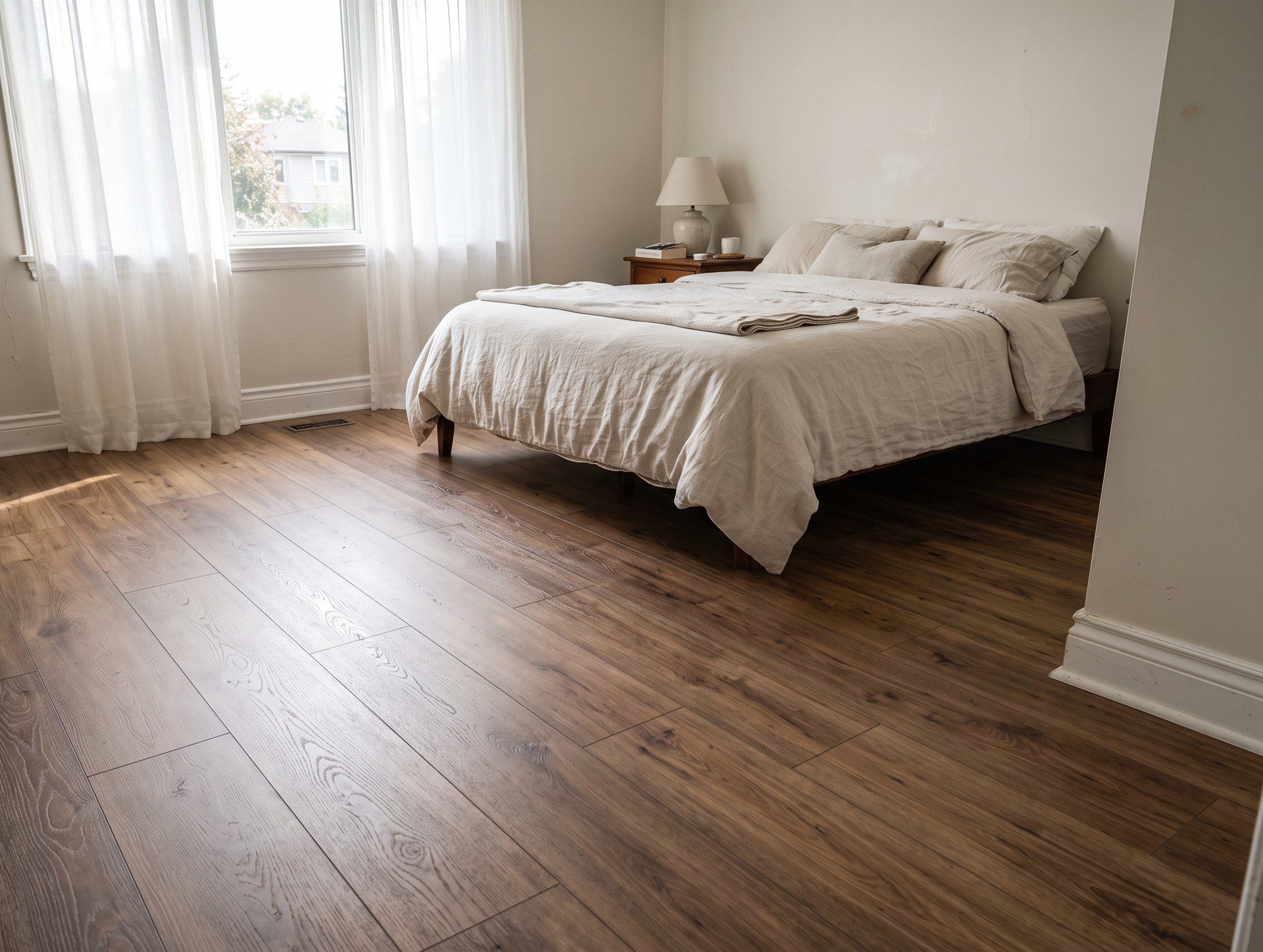 Dark walnut-look vinyl plank floor in a bedroom, with white baseboards