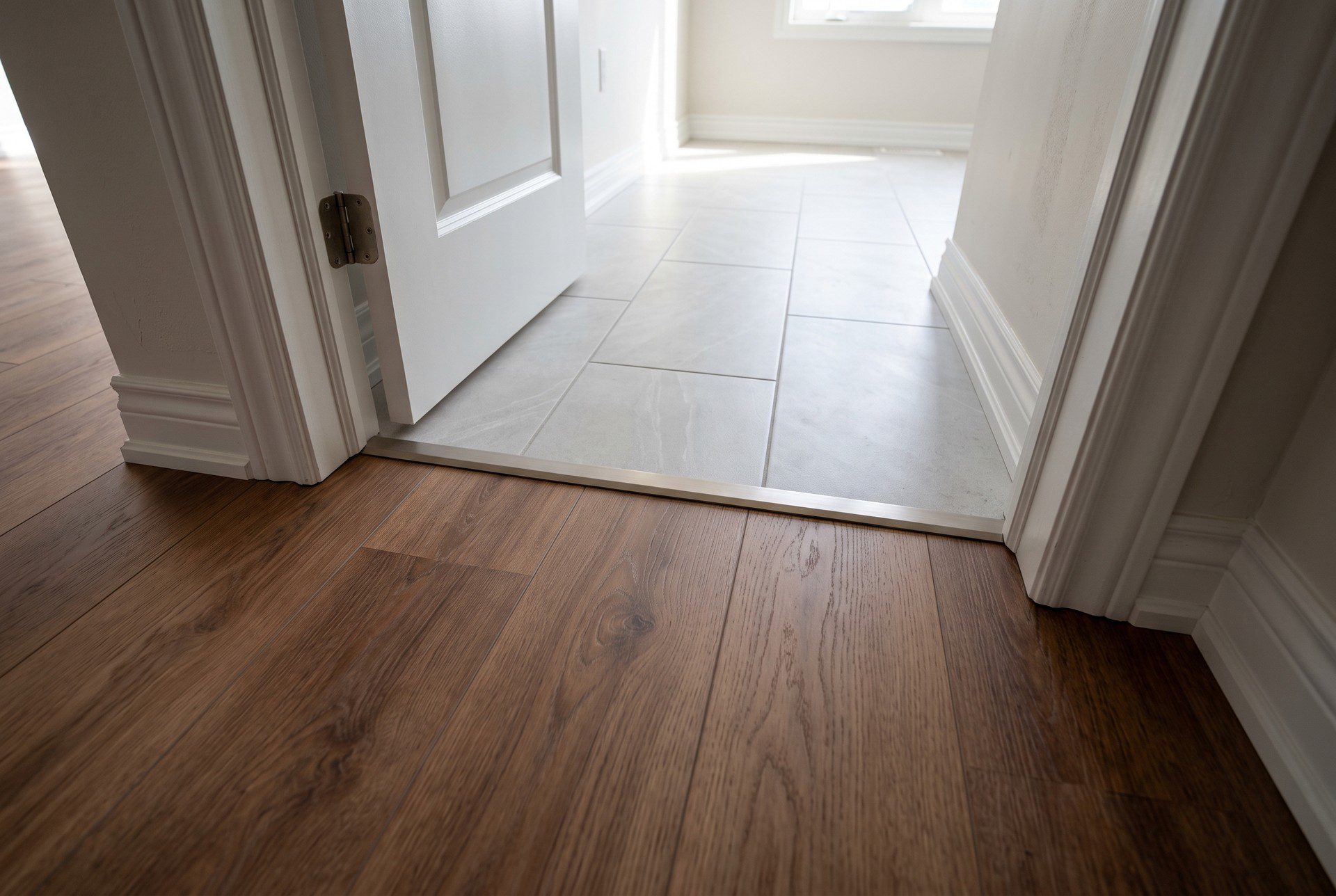 Brown vinyl plank floor meeting grey floor tile at a doorway, with a flush metal transition strip