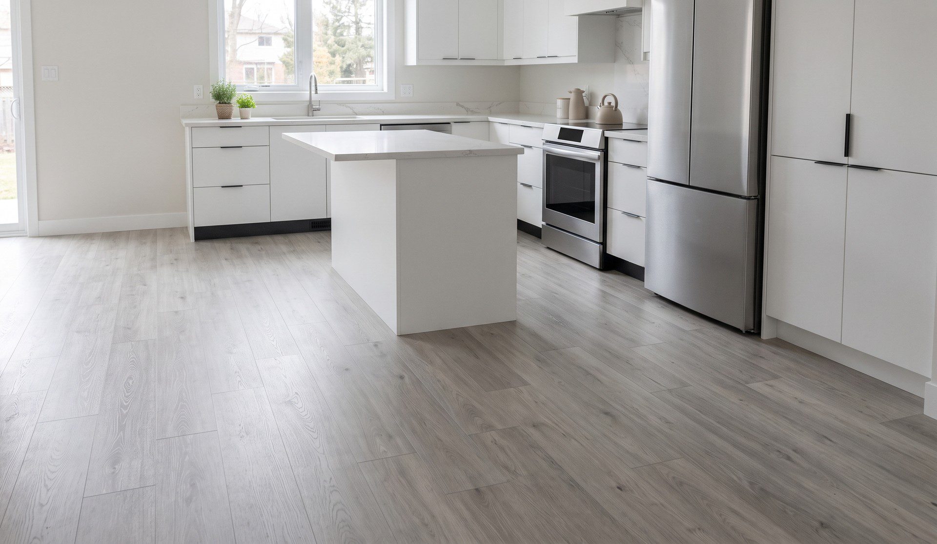 Light grey vinyl plank floor in a white kitchen with an island and stainless appliances