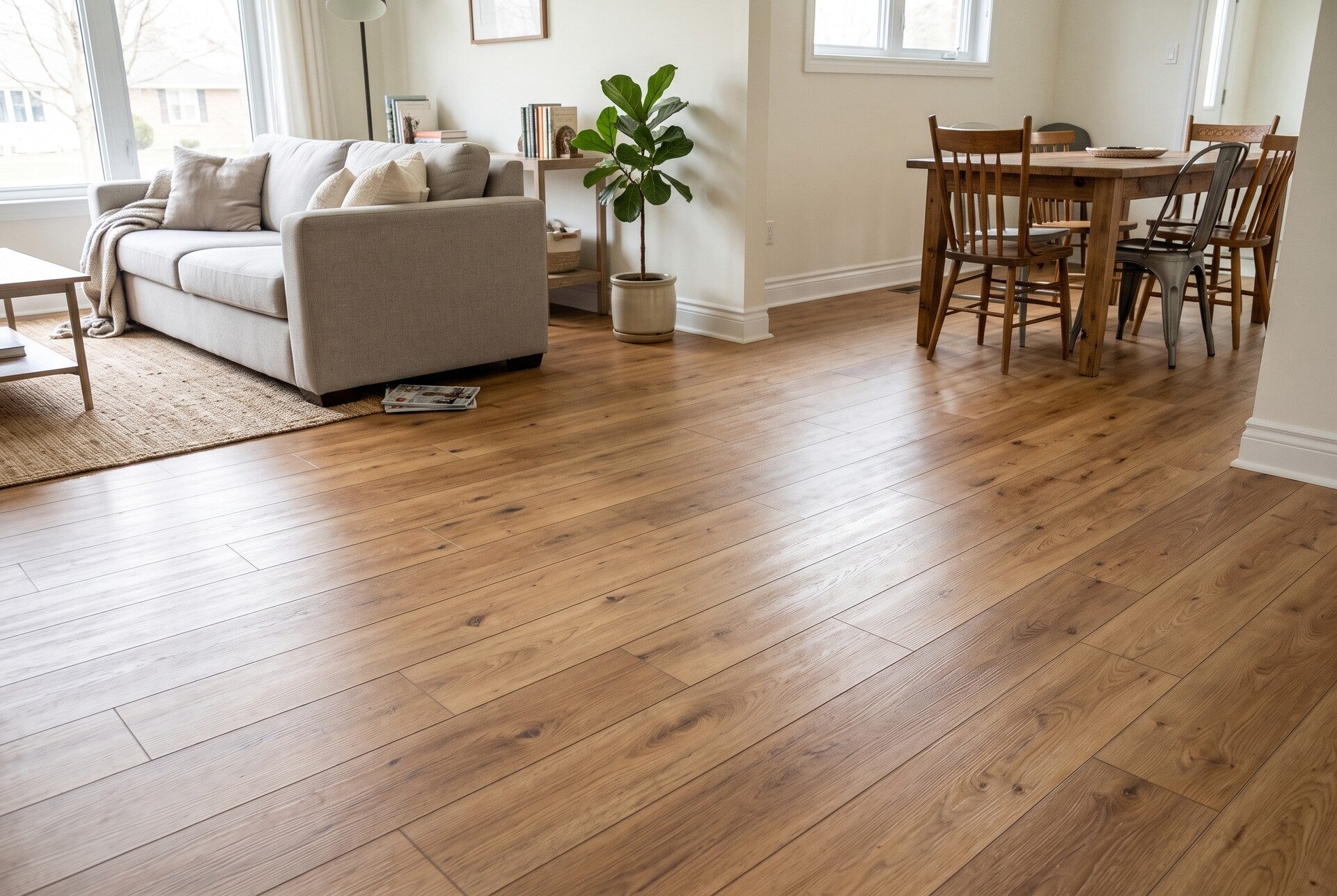 Warm oak-look vinyl plank floor running through an open living and dining room, with white baseboards
